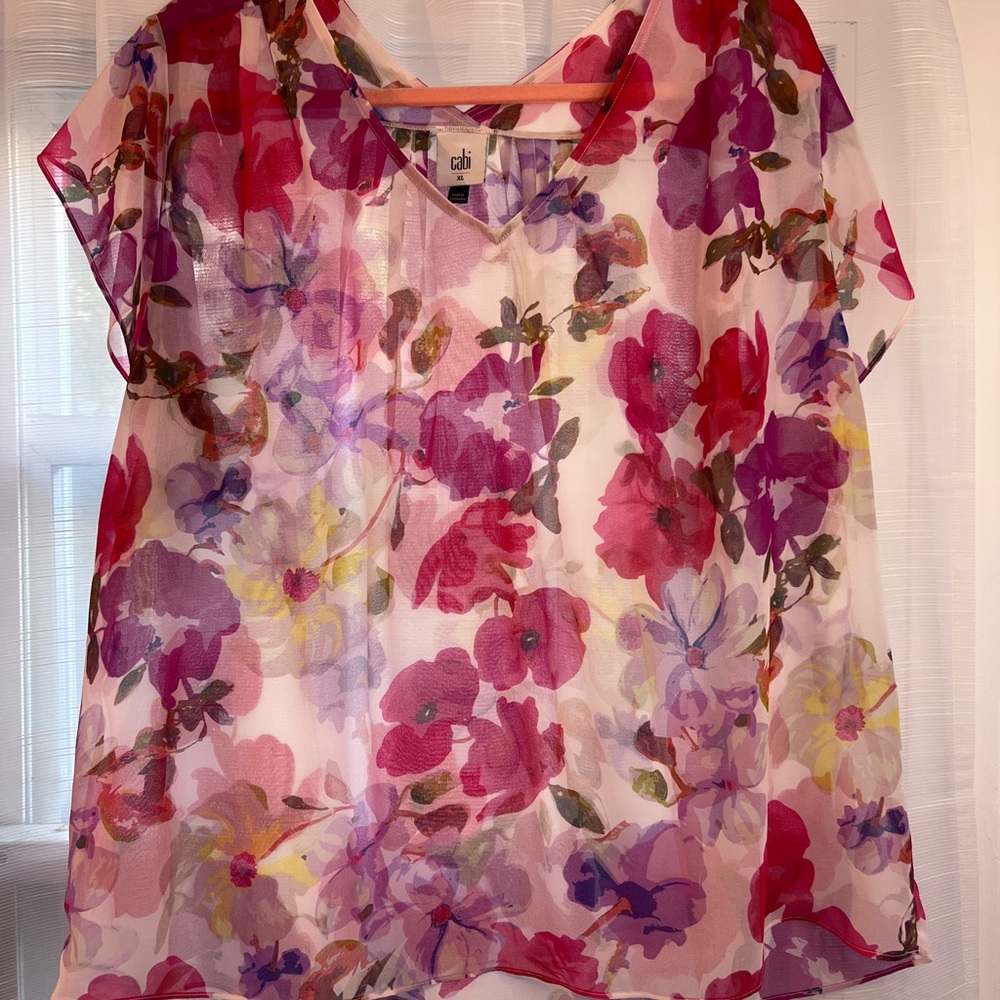 CAbi Pink and Red Short Sleeve Boxy Blouse
